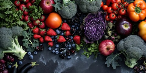 Assortiment de fruits et légumes frais sur un fond noir en ardoise - obrazy, fototapety, plakaty