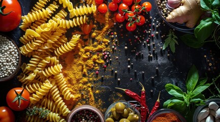 Obraz na płótnie Canvas Pâtes fraiches et tomates pour cuisiner sur un fond noir en ardoise