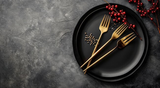Assiettes et fourchettes avec des baies sur un fond noir en ardoise, image avec espace pour texte