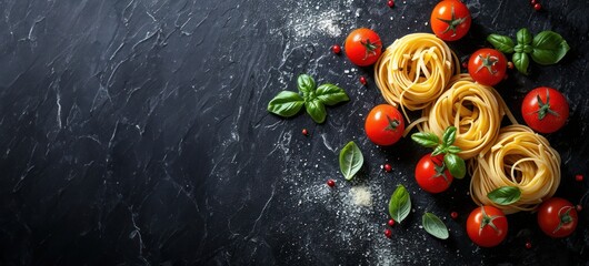 Pâtes fraiches et tomates pour cuisiner sur un fond noir en ardoise, image avec espace pour texte