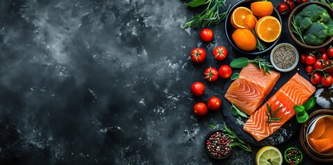 Assortiment d'aliments pour cuisiner, poisson et légumes frais sur un fond noir en ardoise, image avec espace pour texte - obrazy, fototapety, plakaty
