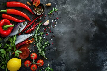 Assortiment d'aliments pour cuisiner, poisson et légumes frais sur un fond noir en ardoise, image avec espace pour texte
