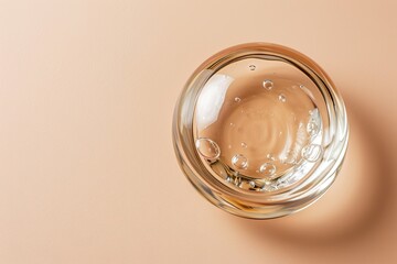 Transparent cosmetic gel viewed from top on a beige background - obrazy, fototapety, plakaty
