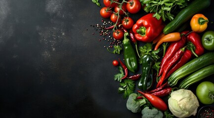Assortiment de légumes frais sur un fond noir en ardoise, image avec espace pour texte - obrazy, fototapety, plakaty
