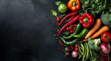 Assortiment de légumes frais sur un fond noir en ardoise, image avec espace pour texte