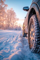 Close-up image of a car tires on the road in winter.
