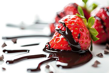 Chocolate syrup is dripped onto a strawberry against a white background - obrazy, fototapety, plakaty