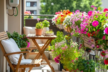 Fototapeta na wymiar Beautiful balcony with comfortable chairs, wooden table and many potted flowers plants. Generative AI