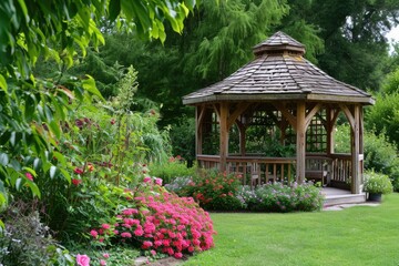 Obraz premium Gazebo with flowers in and garden.