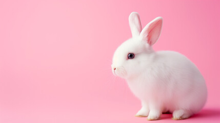 Little white bunny sitting isolated on pink pastel background with copy space.