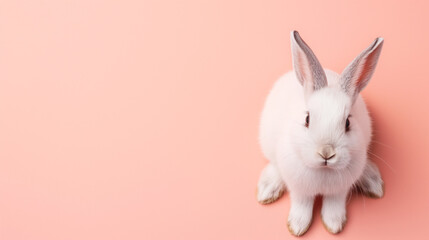 Top view of little white bunny sitting isolated on peach pastel background with copy space.