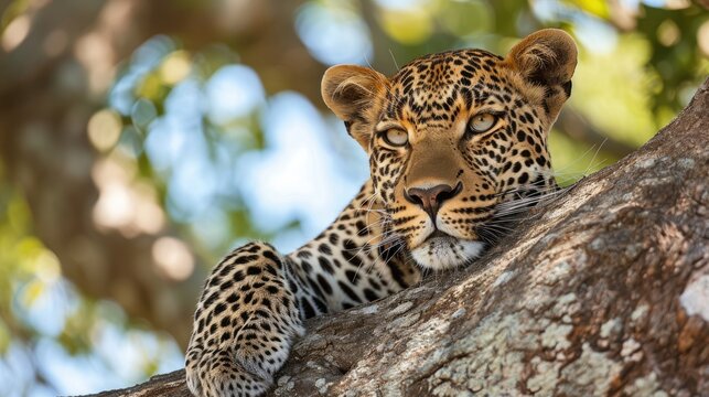 Leopard is resting on a tree trunk