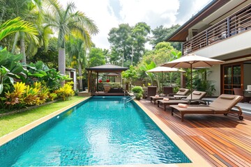 Fototapeta premium Swimming pool and decking in garden of luxury home.