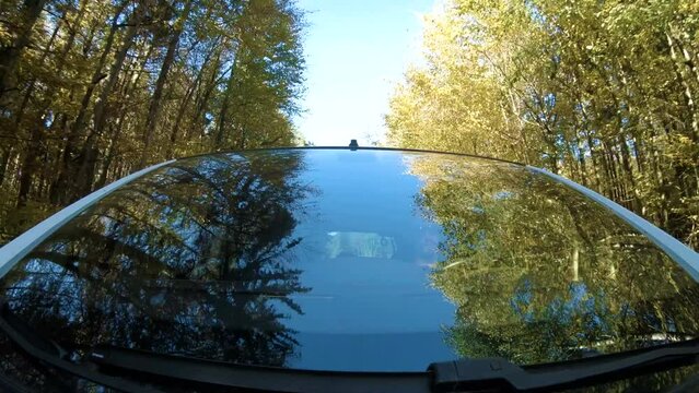 Driving through forest with windshield reflection 4K. Camera on the car hood with the windshield in focus while driving through a forest with reflections and blue sky in the background.
