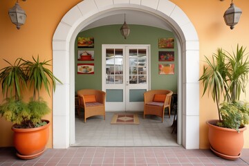 arched doorway framed by terracotta pots on each side