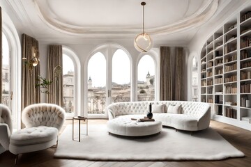a scene featuring a tufted curved white sofa positioned against an arched window in a modern living room. Incorporate a bookcase and pendant lamps with fluffy fur detailing to enhance the minimalist l