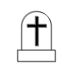 Black line grave tombstone with cross outline icon flat vector design