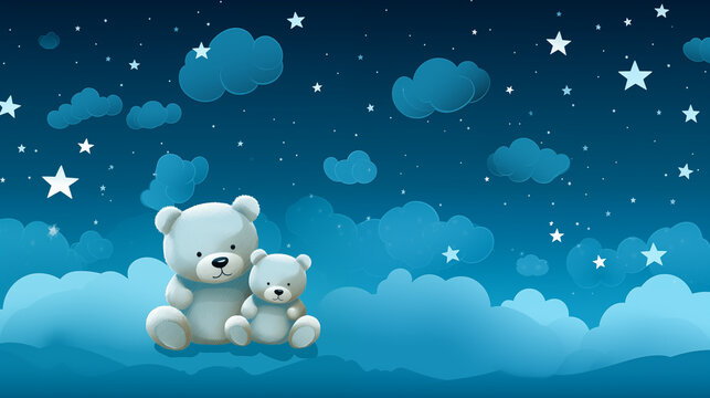 Painted 2 bears toys against the starry sky with an empty space for the text