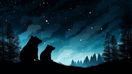 Painted dark silhouettes of two bears against the starry sky with an empty space for the text