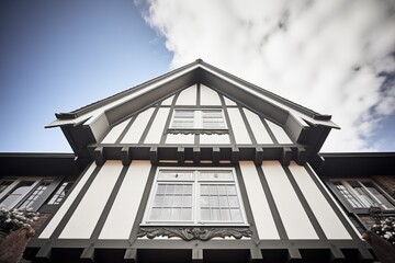 low angle view showing height of tudor front gable - obrazy, fototapety, plakaty