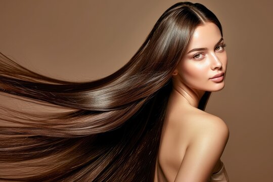 Gorgeous model with sleek long shiny brown hair Keratin treatment care and spa for a sleek style