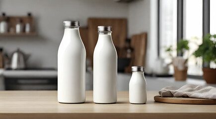 Mockup of a two  white milk bottle on kithen background, Empty reusable bottle template, Generative AI