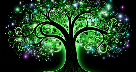 the tree of life is glowing with green lights