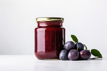 Homemade plum jam and fresh fruits on a white background