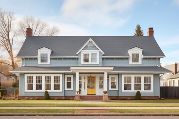 double hung windows on a gray colonial revival with dormers
