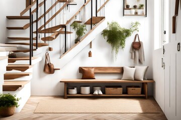 a wooden bench and steps set against a white background, showcasing a farmhouse interior design for a modern entryway   - obrazy, fototapety, plakaty