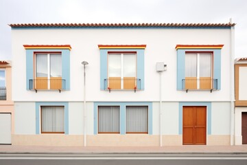 symmetrical facade of white spanish house with blue trimmed windows