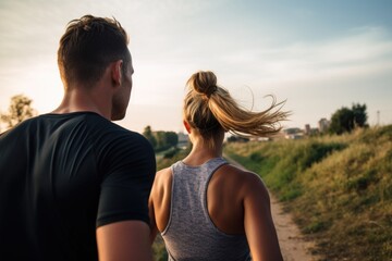 rearview shot of a young couple jogging along in the outdoors