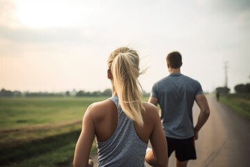 rearview shot of a young couple jogging along in the outdoors