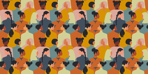 Women together in the fight for equality form a seamless pattern consisting of people of different nationalities. 