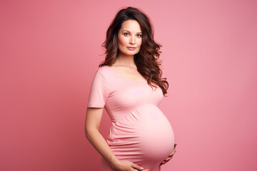 Portrait of beautiful young pregnant woman touching belly standing on colour background - obrazy, fototapety, plakaty