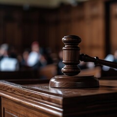  photograph of a judge's gavel prominently placed on a wooden stand in the foreground of a traditional courtroom. The background shows the judge's bench, witness stand, and jury 