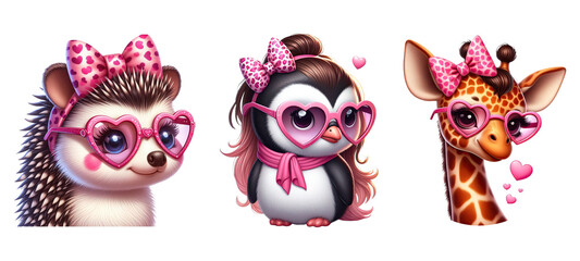 Cute Valentines Animals Clipart. Animals wearing pink leopard print bow and heart-shaped sunglasses - obrazy, fototapety, plakaty