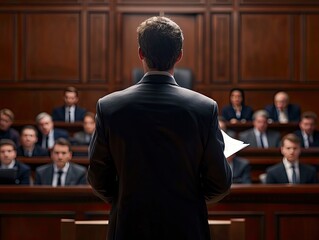 A lawyer speaking to the jury from behind, holding crucial case documents, jury members in focused listening, in a well-lit courtroom