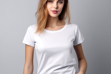 Obraz premium Woman in White Tshirt Mockup created with Generative AI