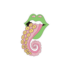 Groovy acid green sexy woman lips with octopus tentacle shape tongue out vector illustration isolated on white. Retro 60s 70s 80s trippy female mouth psychedelic poster.