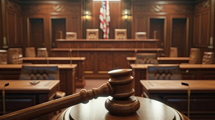  photograph of a judge's gavel prominently placed on a wooden stand in the foreground of a traditional courtroom. The background shows the judge's bench, witness stand, and jury 