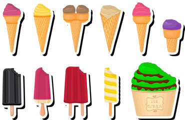 Illustration on theme big kit ice cream popsicle different types in cone waffle cup