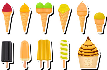 Illustration on theme big kit ice cream popsicle different types in cone waffle cup