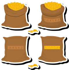 Illustration on theme big colored set different types bags, full sack of coins