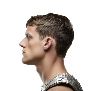 a male model with Caesar cut, side view isolated on a white background.
