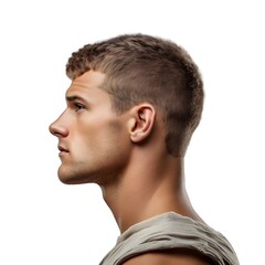 a male model with Caesar cut, side view isolated on a white background. - obrazy, fototapety, plakaty