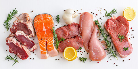 Top view of various raw meat and fish on white background