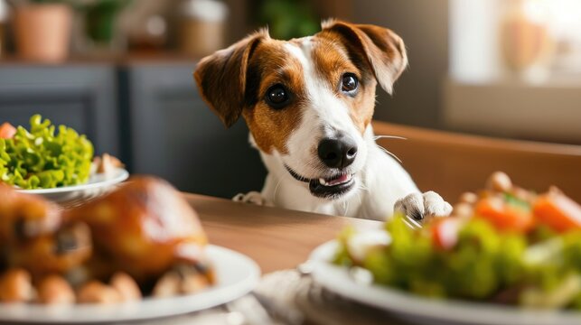 Photos of a hungry dog and food in the kitchen at home. Jack Russell sniffs the chicken before pulling it off the table