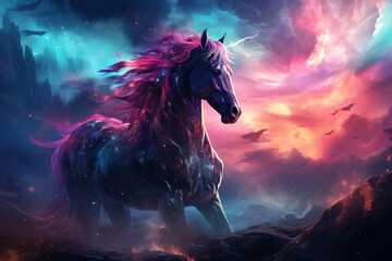 Obraz na płótnie Canvas Mystery horrorcore magical colorful horse against vibrant background