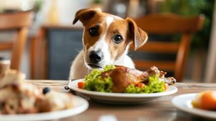 Photos of a hungry dog and food in the kitchen at home. Jack Russell sniffs the chicken before pulling it off the table